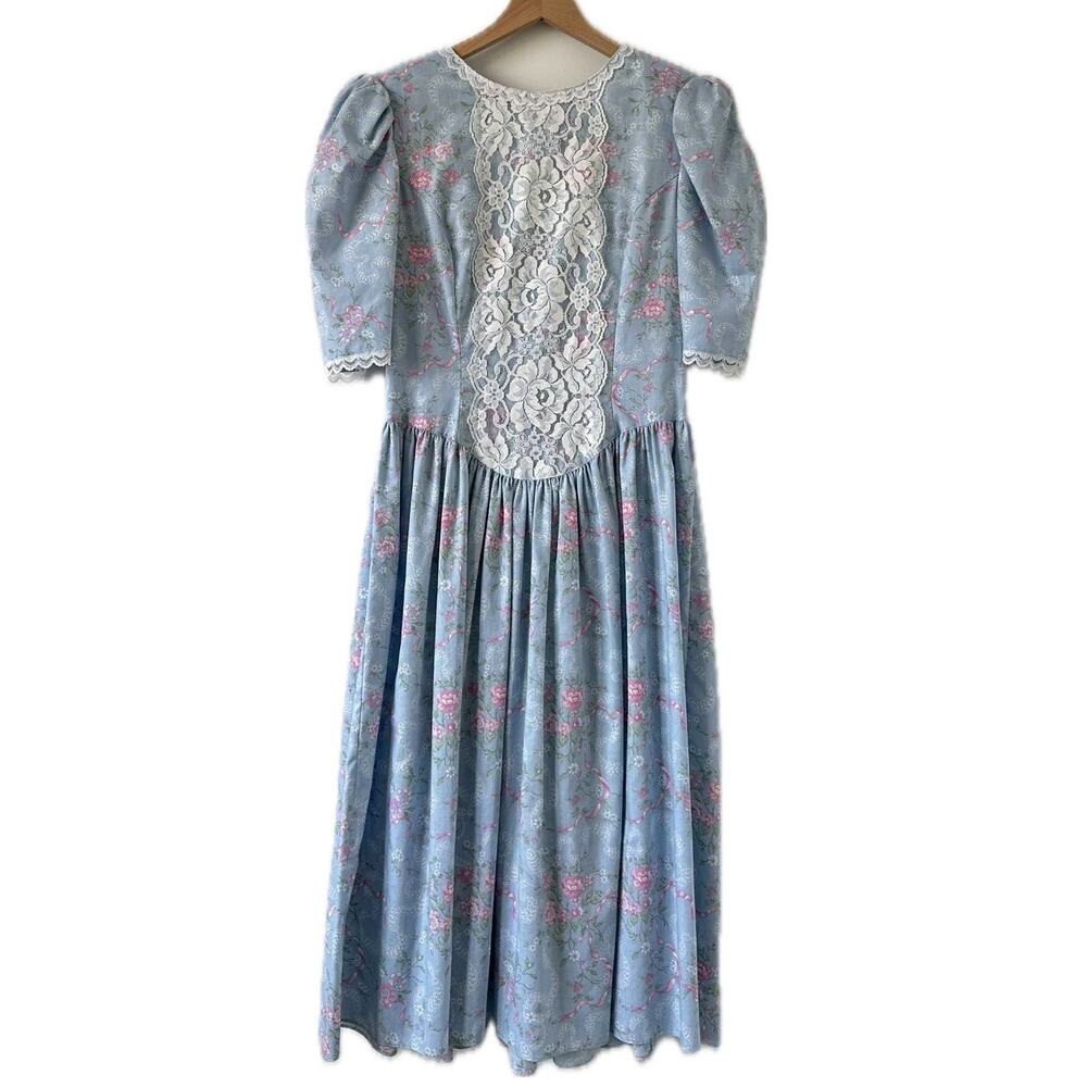 Vintage 80s Gunne Sax by Jessica McClintock Floral Lace Bow Midi Dress Size 9/10 - Picture 11 of 11